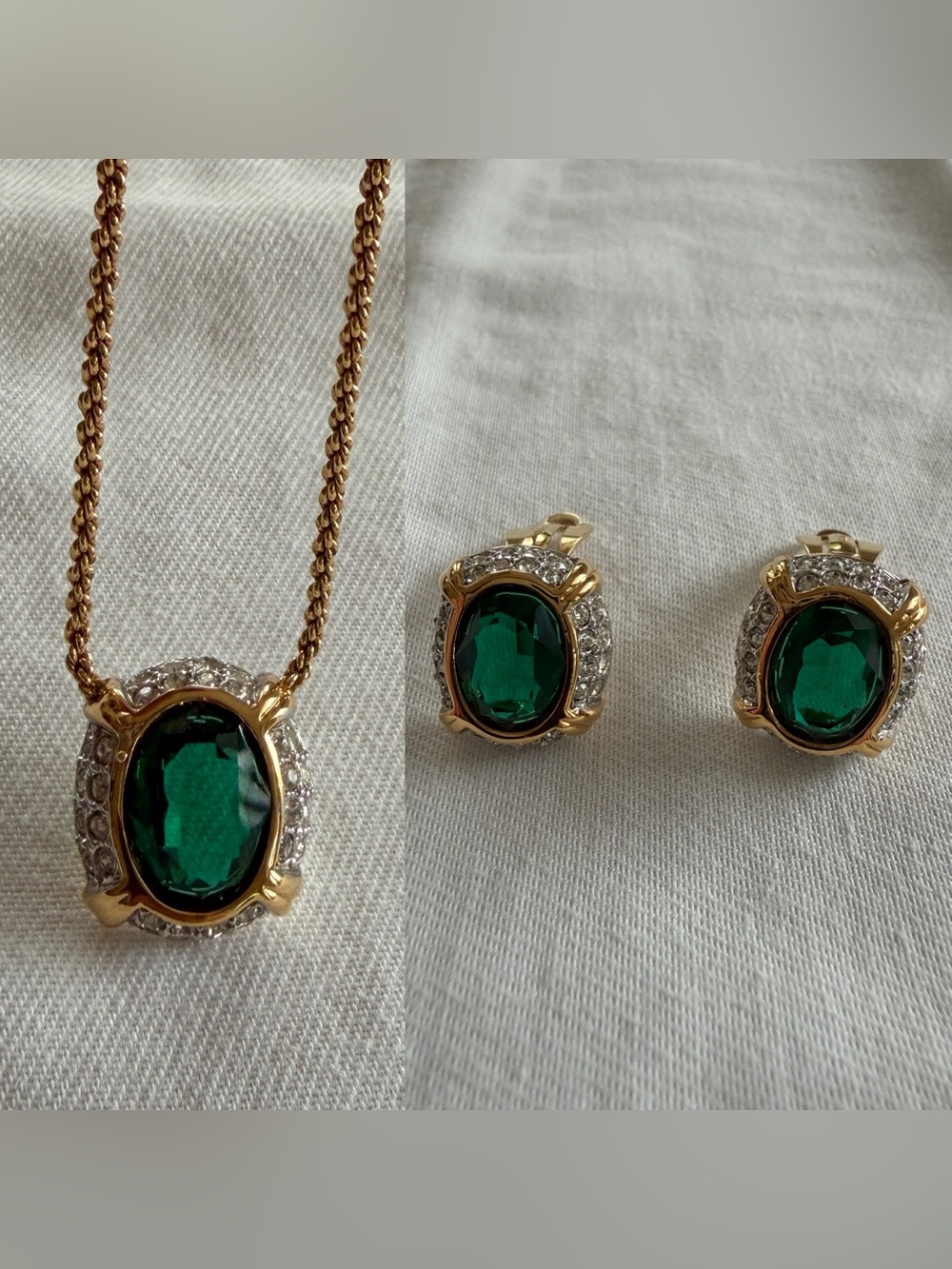 D’ORLAN Vintage Signed Set Necklace & Clip On Earring Green Swarovski Crystals